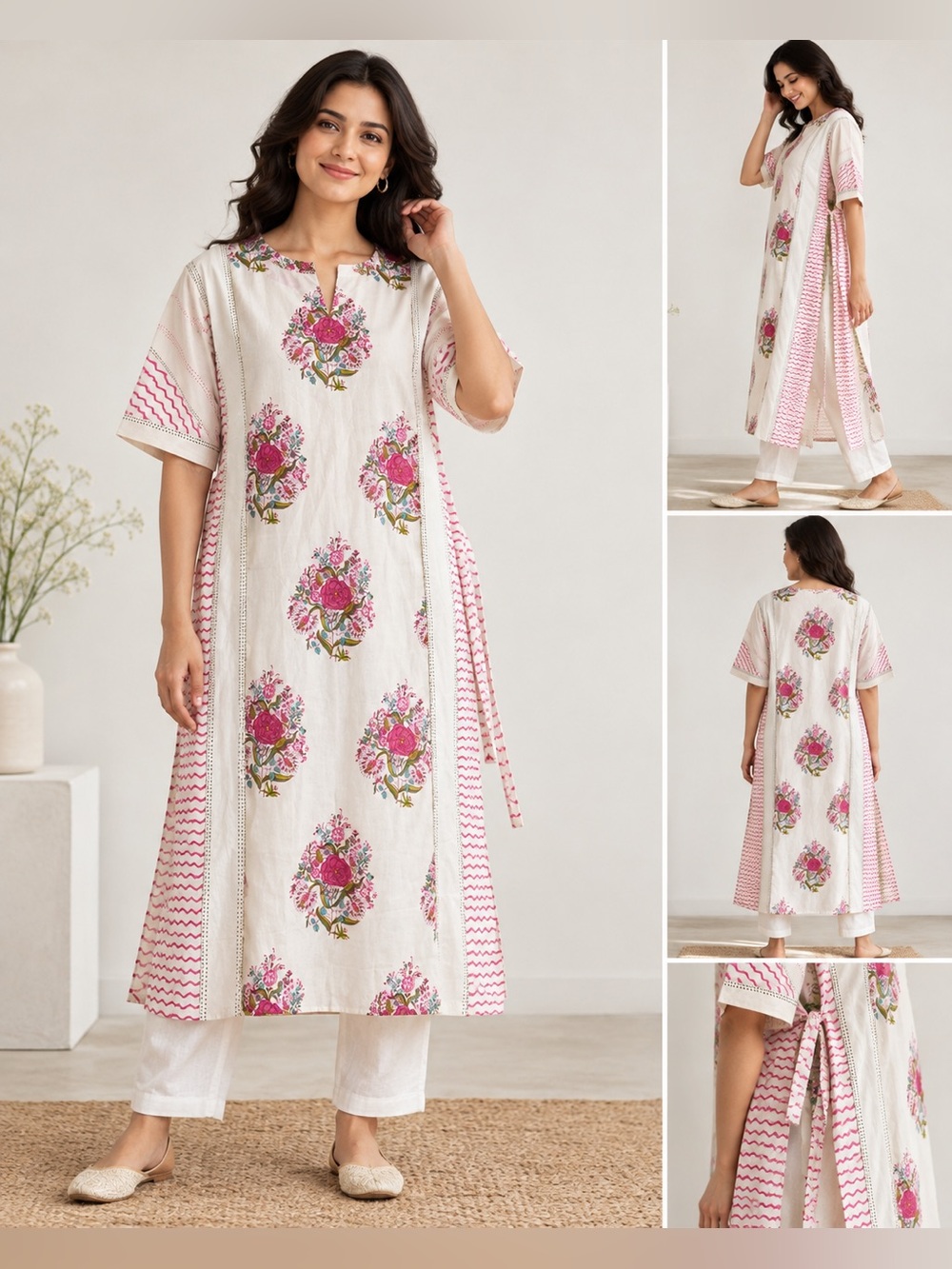 NWT Fabindia Women L Cotton Hand Block Print Floral Kurta Tunic Boho Dress New